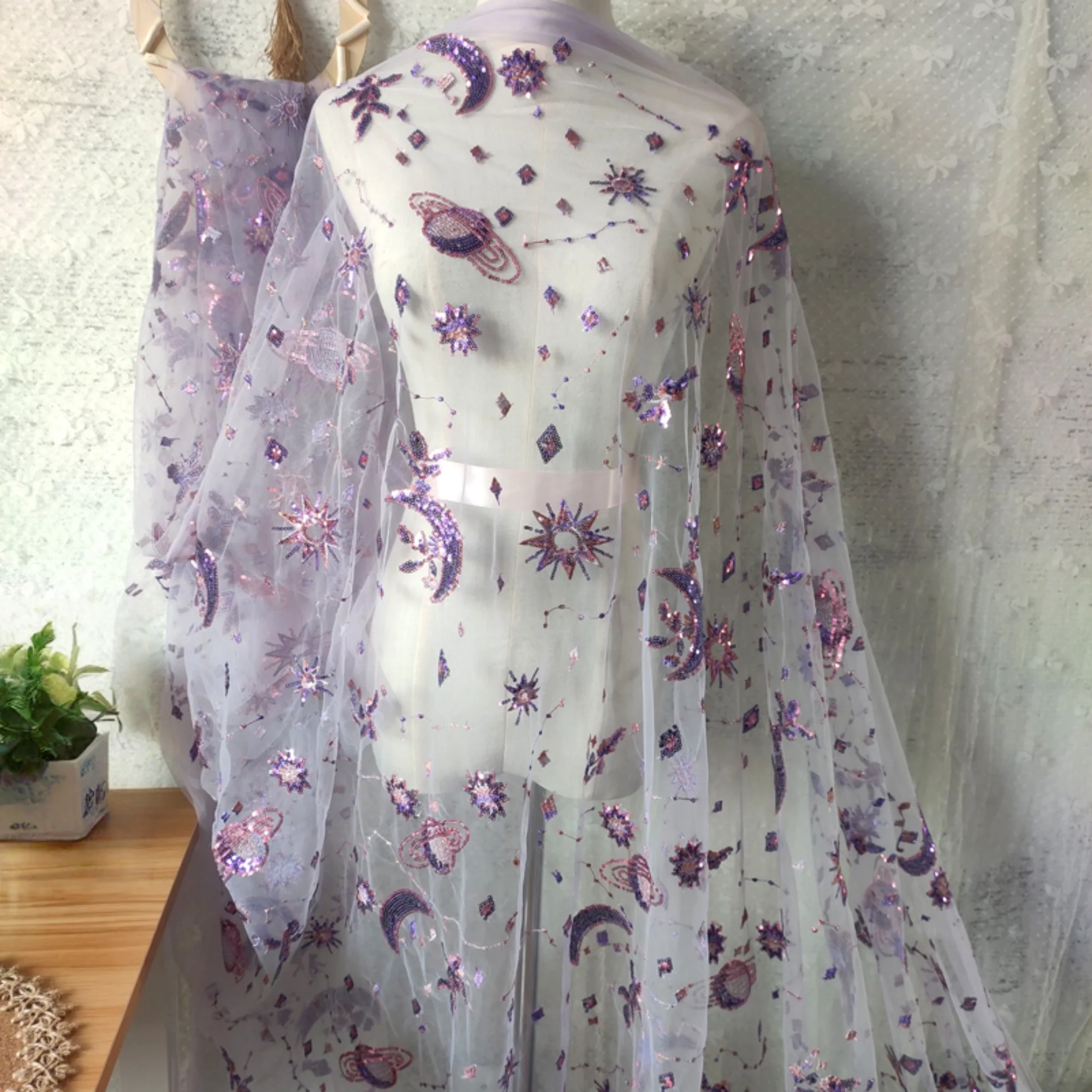 Embroidery Net Dress - 0.5 Meter Purple Width 55.11 Inches