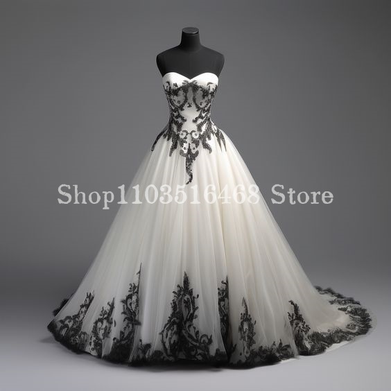 Embroidery Gothic - Black White Gothic Embroidered Wedding Dress