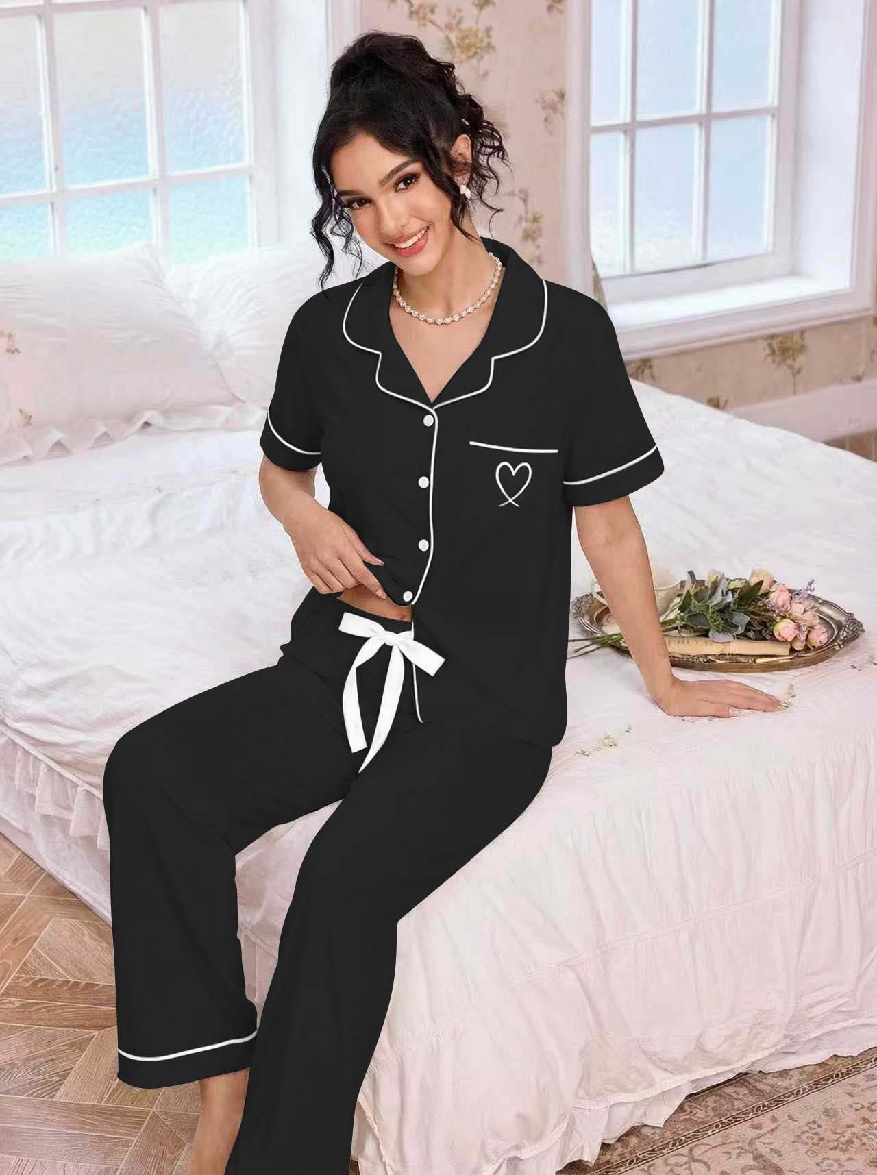 Embroidery In The Piece - Women Lapel Pajamas Set Heart Embroidery