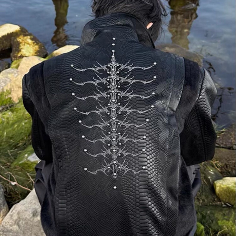 Men Black Snake Embossed Jacke - Embroidery Gothic review and price