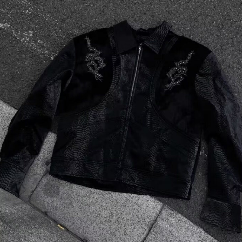Men Black Snake Embossed Jacke - Embroidery Gothic review and price