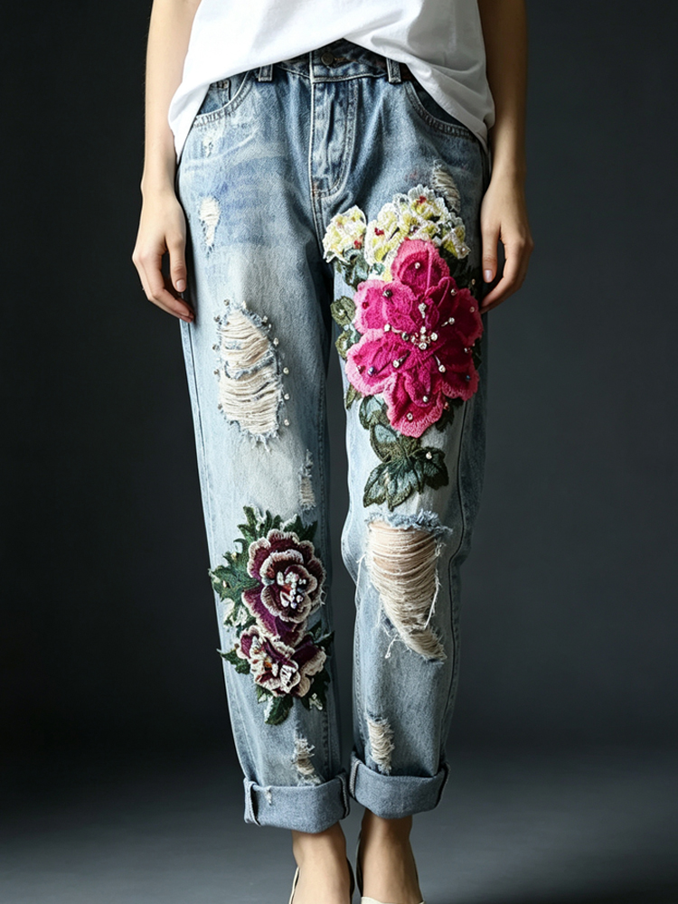 Women's Vintage Distressed Jea - Embroidery Effect review and price