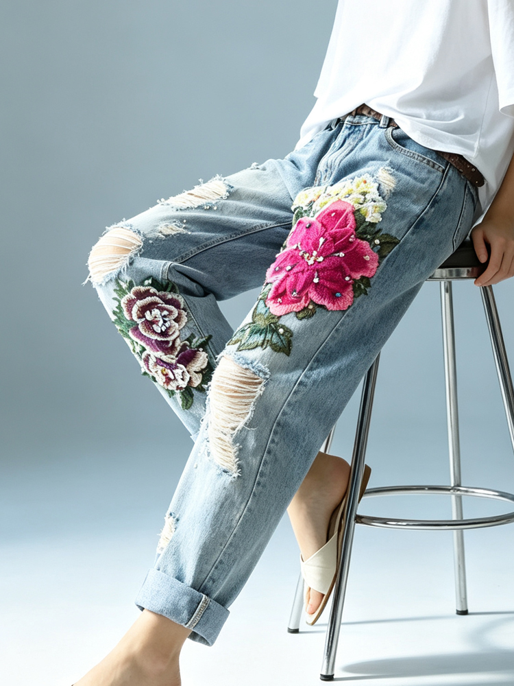 Women's Vintage Distressed Jea - Embroidery Effect review and price