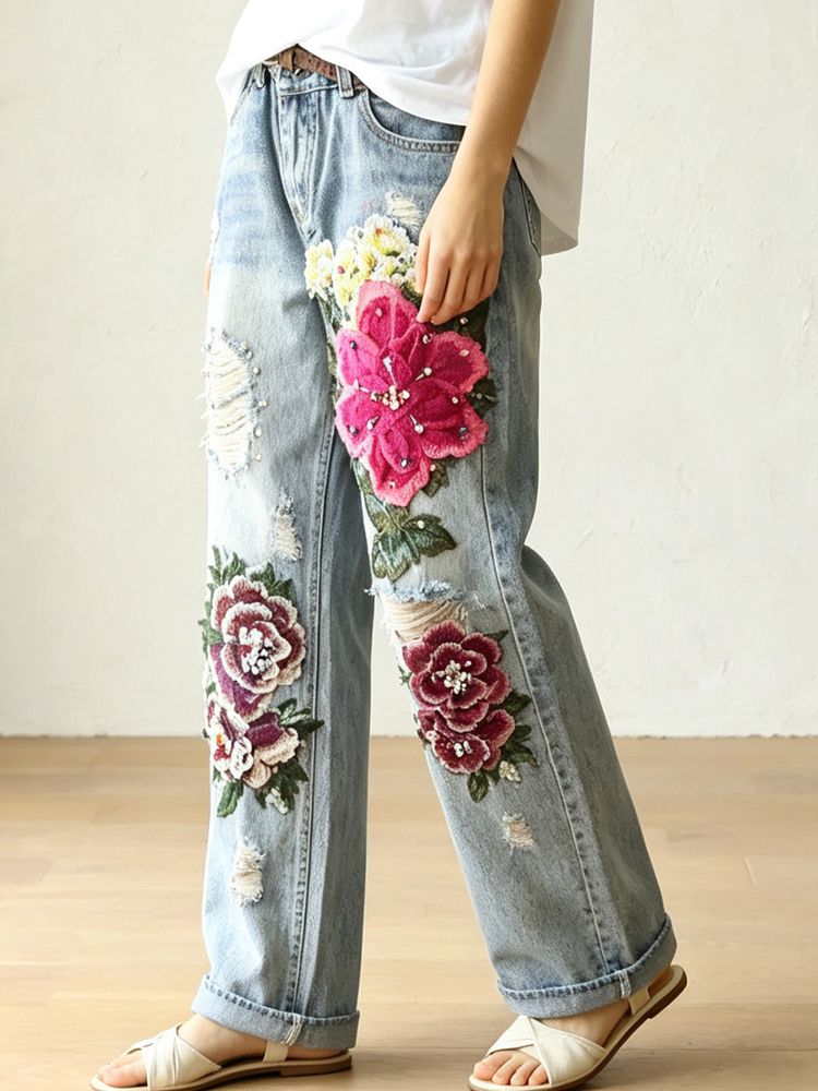 Women's Vintage Distressed Jea - Embroidery Effect review and price