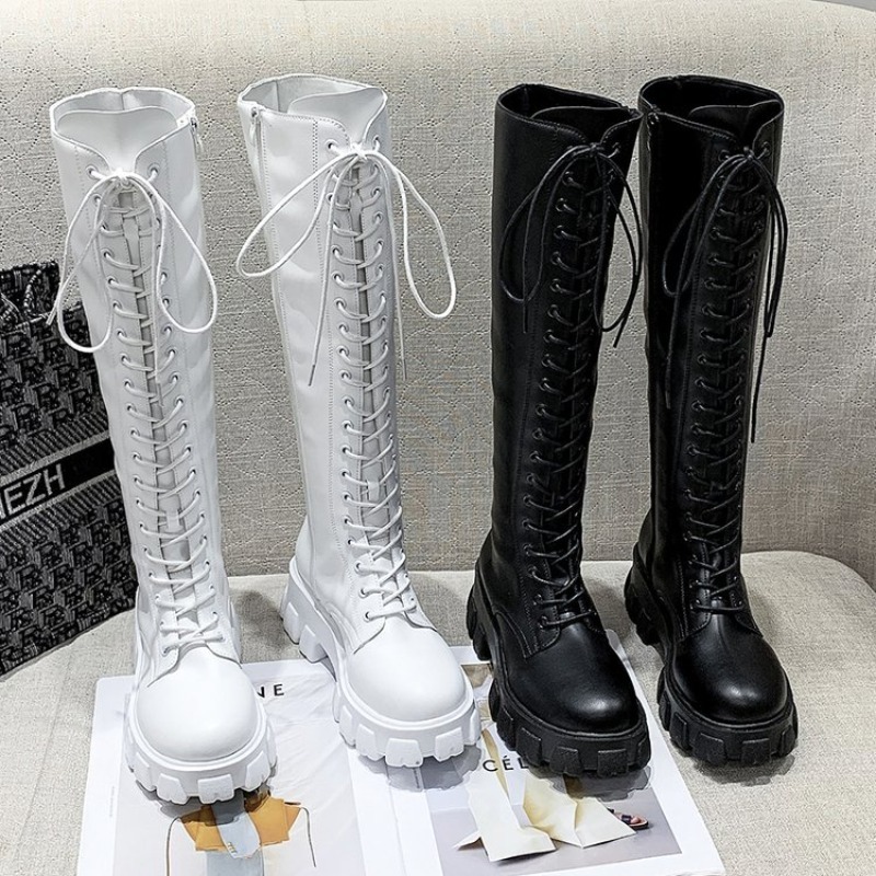 Women Knee High Boots Lace Up  - Embroidery White review and price